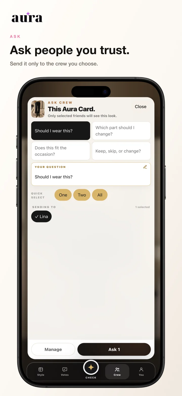 Aura iOS app asking a trusted crew for feedback