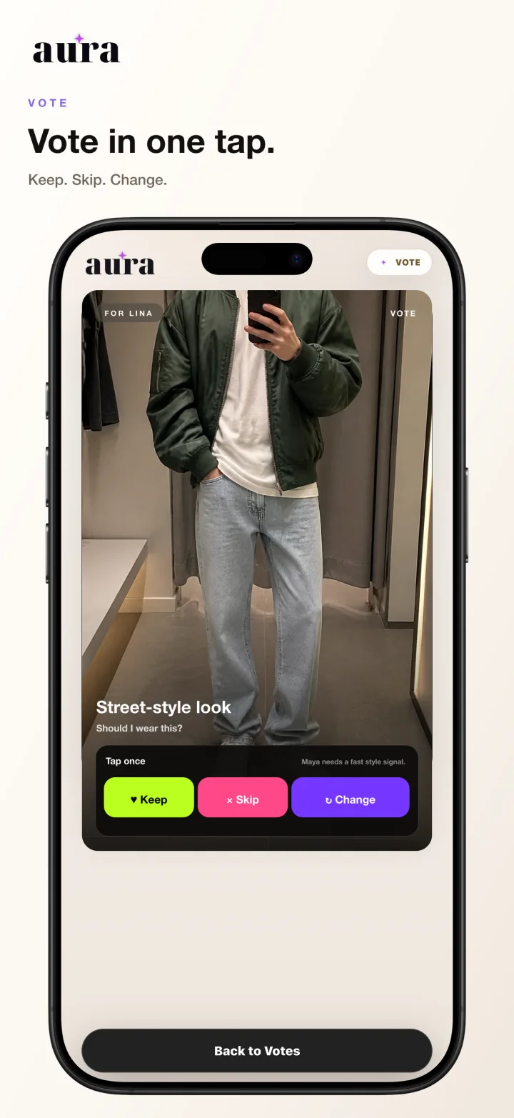 Aura iOS app showing one-tap outfit voting